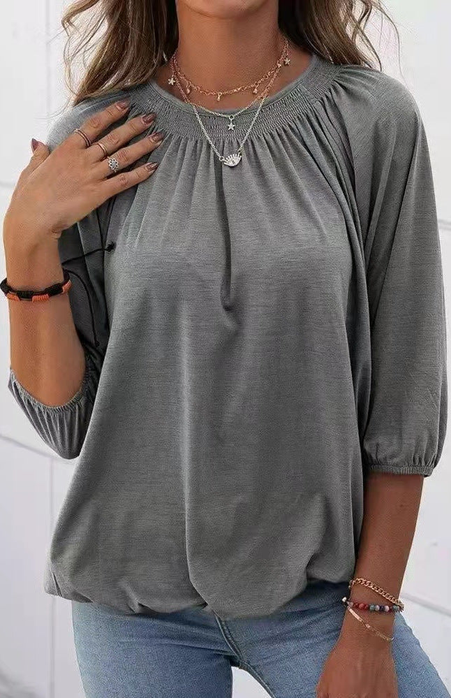 Women's Spring Solid Color Loose Round T-shirt Blouses