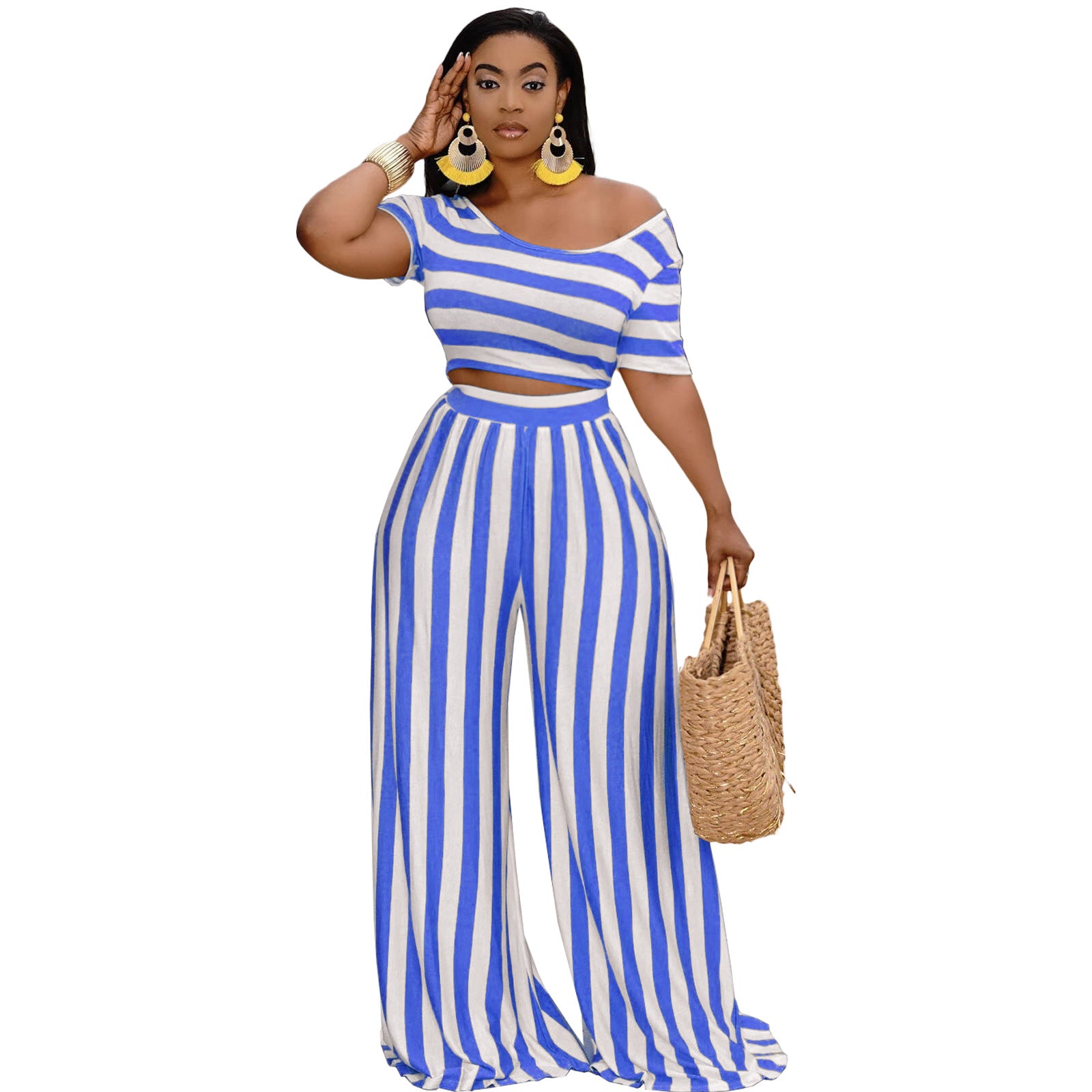 Slouchy Cool Navel Striped Wide-leg Two-piece Suits