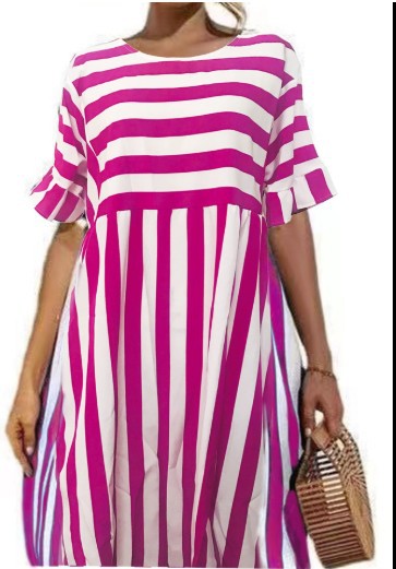 Women's Ruffled Sleeves Striped Patchwork Pocket Casual Dresses