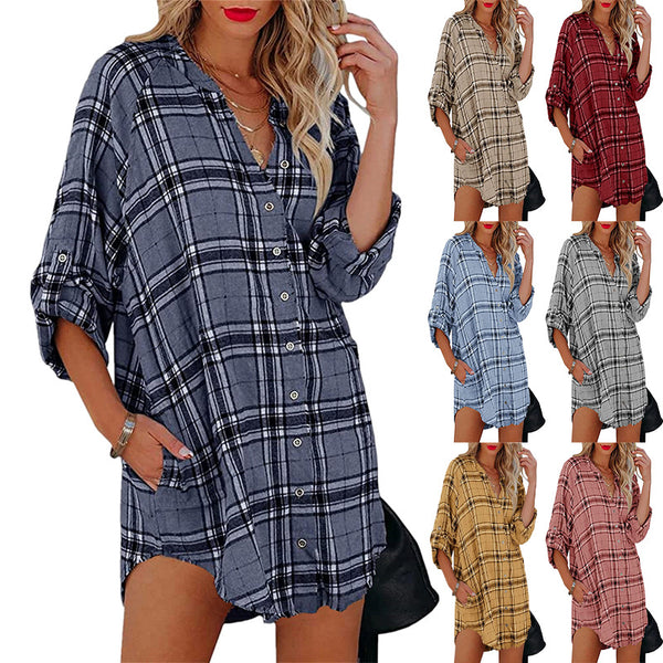 Women's Shirt Plaid Printed V-neck Long Sleeve Blouses