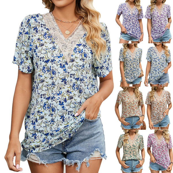 Women's Floral V-neck Patchwork Printed Loose Sleeve Blouses