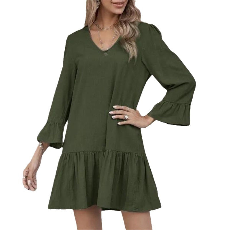 Women's Pleated Flared Half Sleeve Cotton And Dresses
