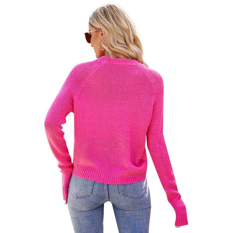 Women's Raglan Sleeve Thin Fluorescent Powder V-neck Sweaters