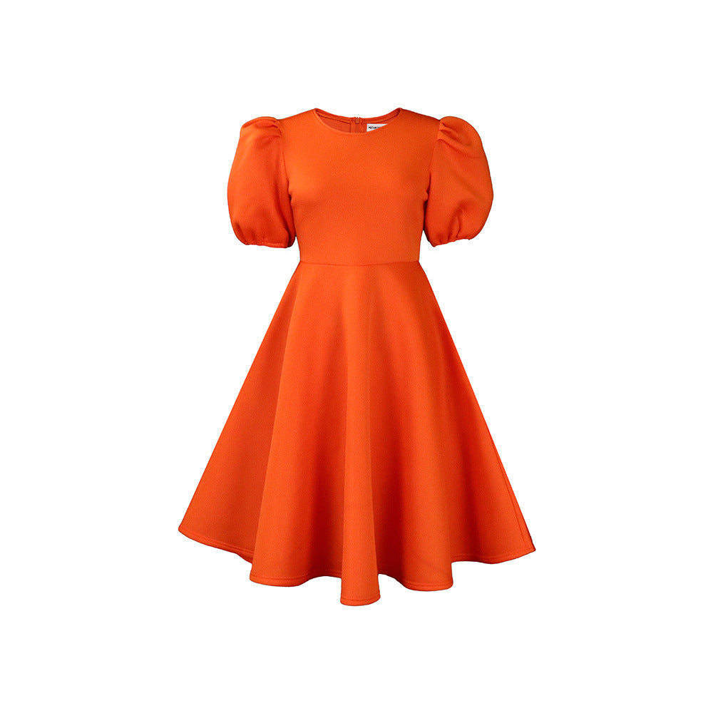 Round Neck Graceful Puff Sleeve Waist-controlled Dresses