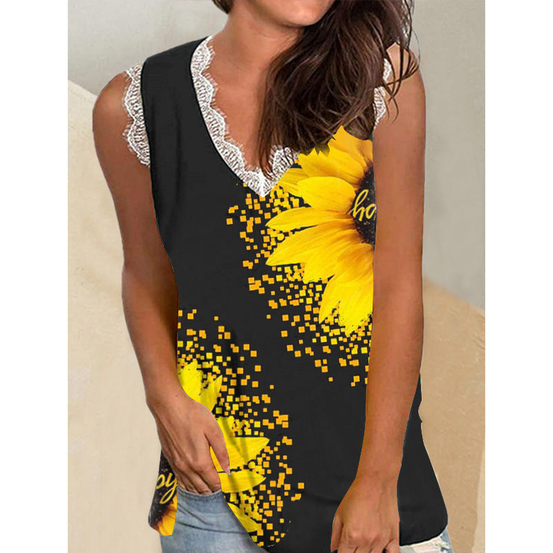 Damen-Oberteile mit Sommer-Pflanzenblumen-Print und V-Ausschnitt