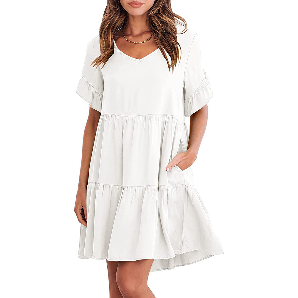 Women's Summer V-neck Little-girl Style Three-layer Pleated Dresses
