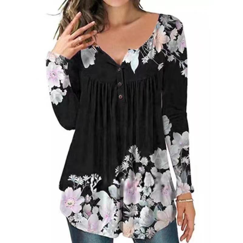 Women's Autumn Slim Fit Slimming Round Neck Breasted Flower Blouses