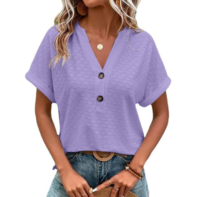 Women's Fashion Casual Solid Color Buttons T-shirt Blouses