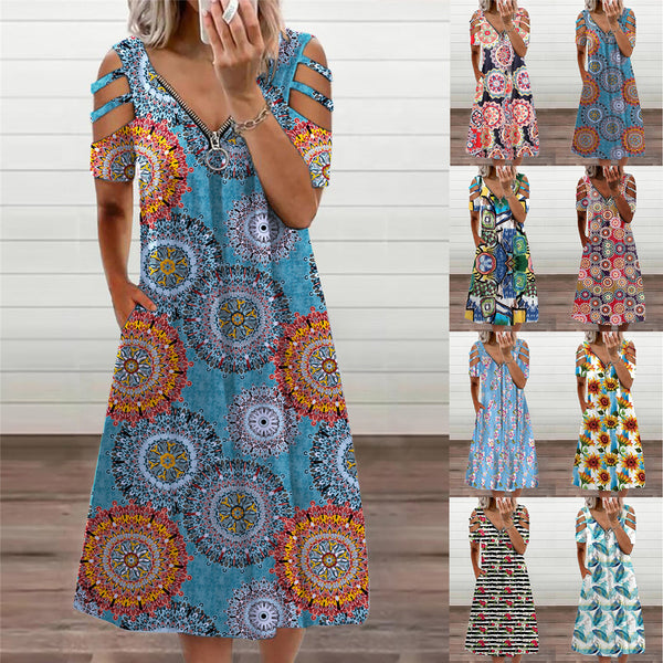 Women's Summer V-neck Zipper Print Off-shoulder Sleeve Dresses