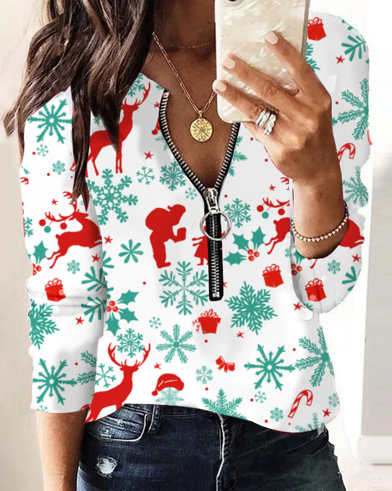 Women's Innovative Christmas Printed Long-sleeved T-shirt Blouses