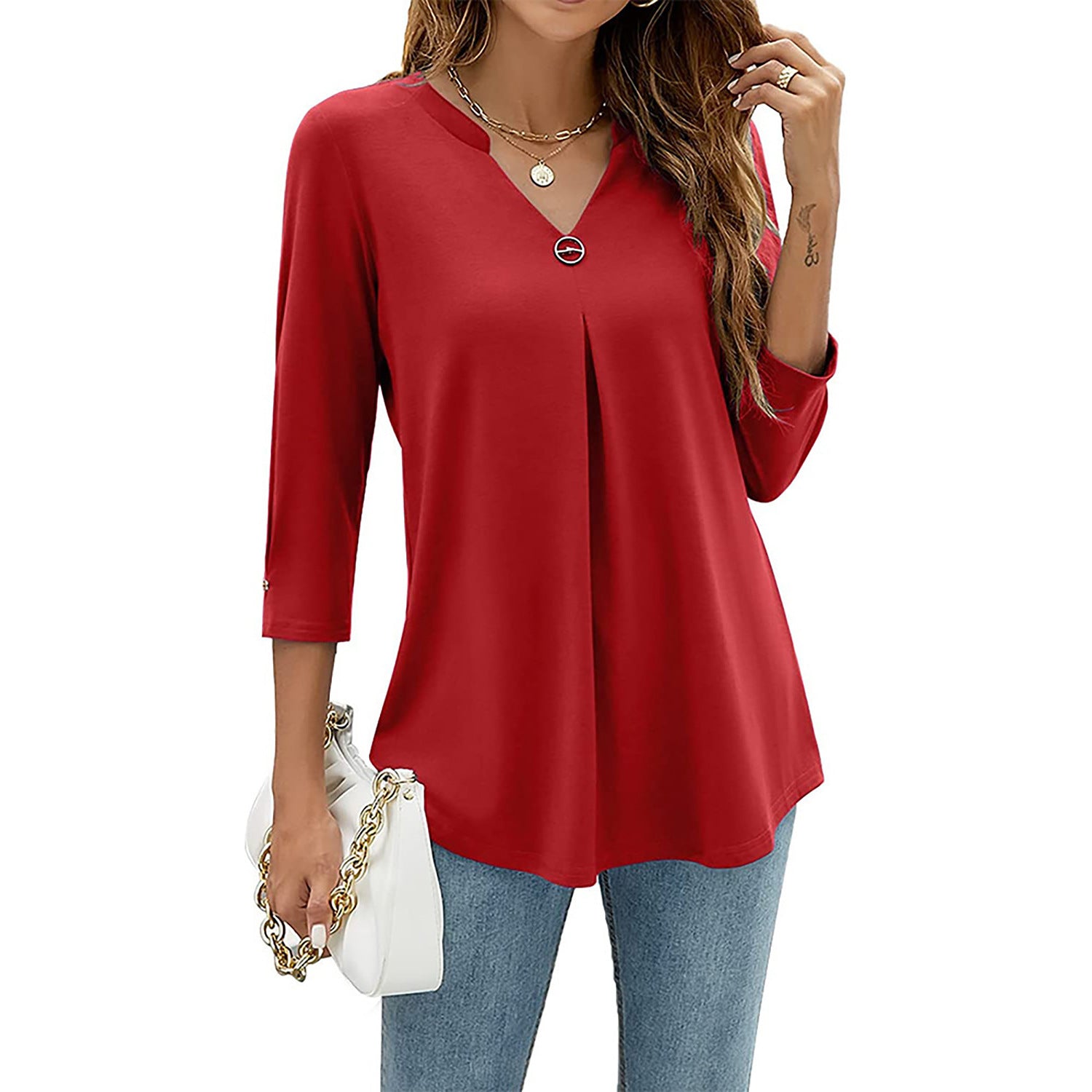 V-neck Three-quarter Sleeve Tight Decorative Buckle Pleated Blouses