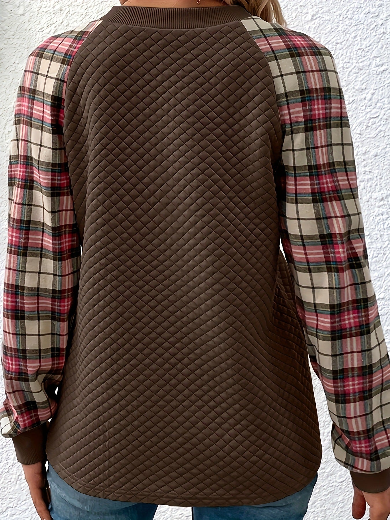 Women's Diamond Plaid Stitching Long Sleeve Crew Sweaters