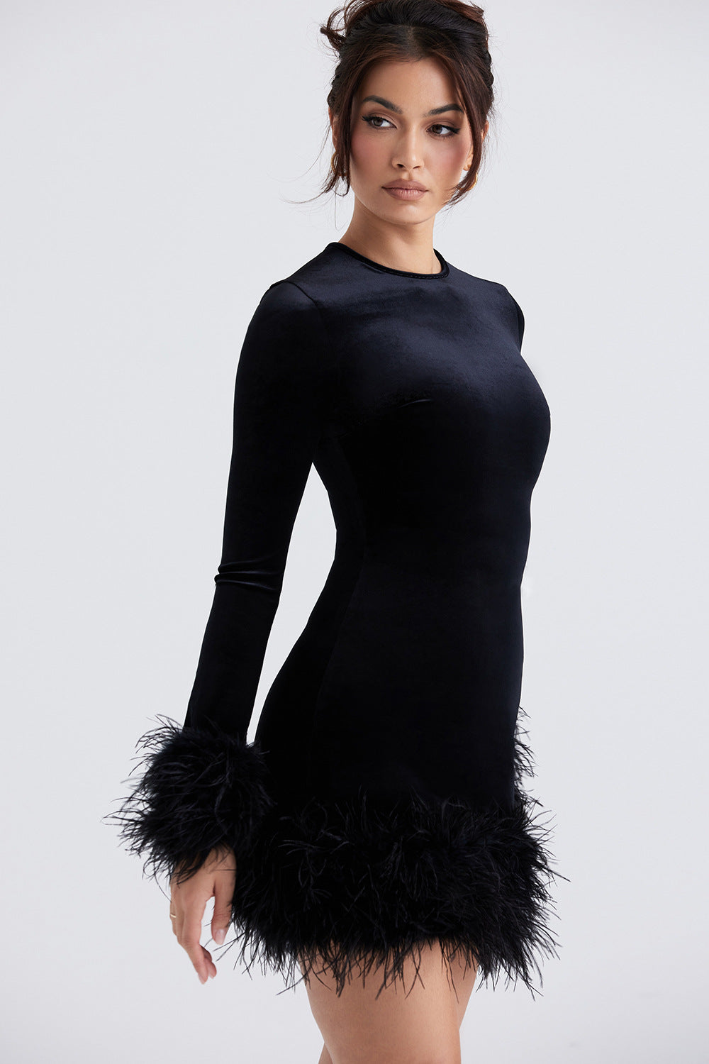 Fit Slimming Mid-length Long Sleeve Furry Dresses