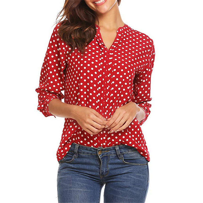 Women's Large Shirt Dotted Prints Long Sleeve Rolled Blouses