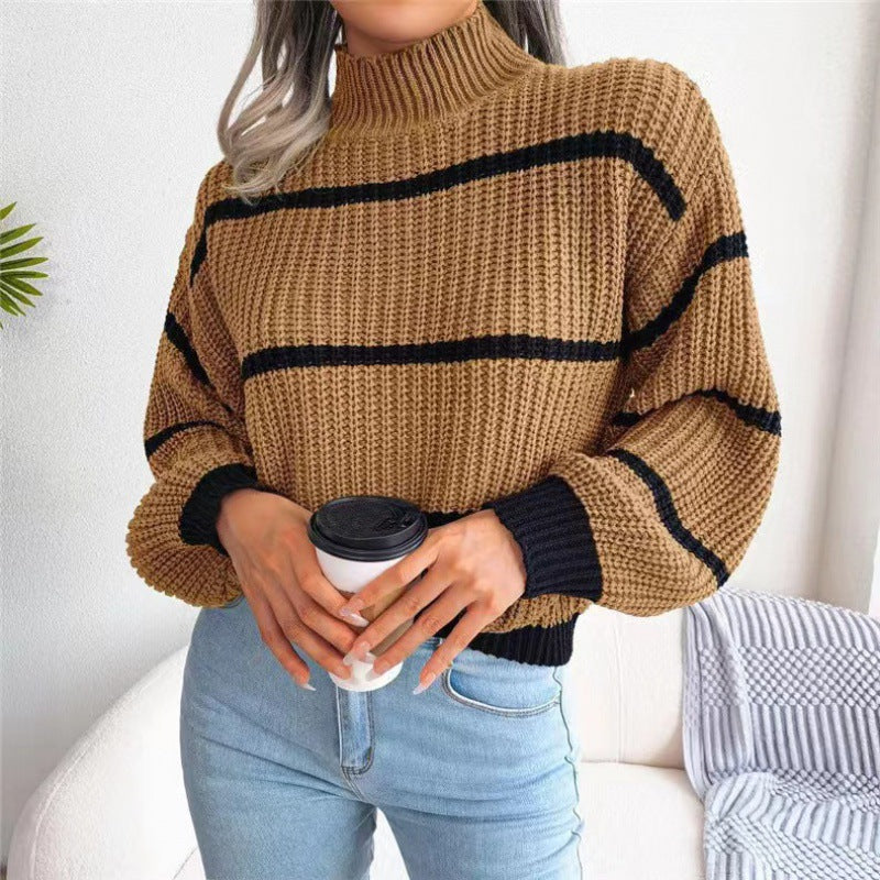 Women's Striped Lantern Sleeve Half Turtleneck Knitted Sweaters