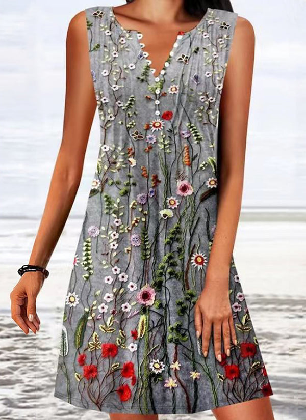 Summer Printed Button Cinched Sleeveless Knitted Dresses