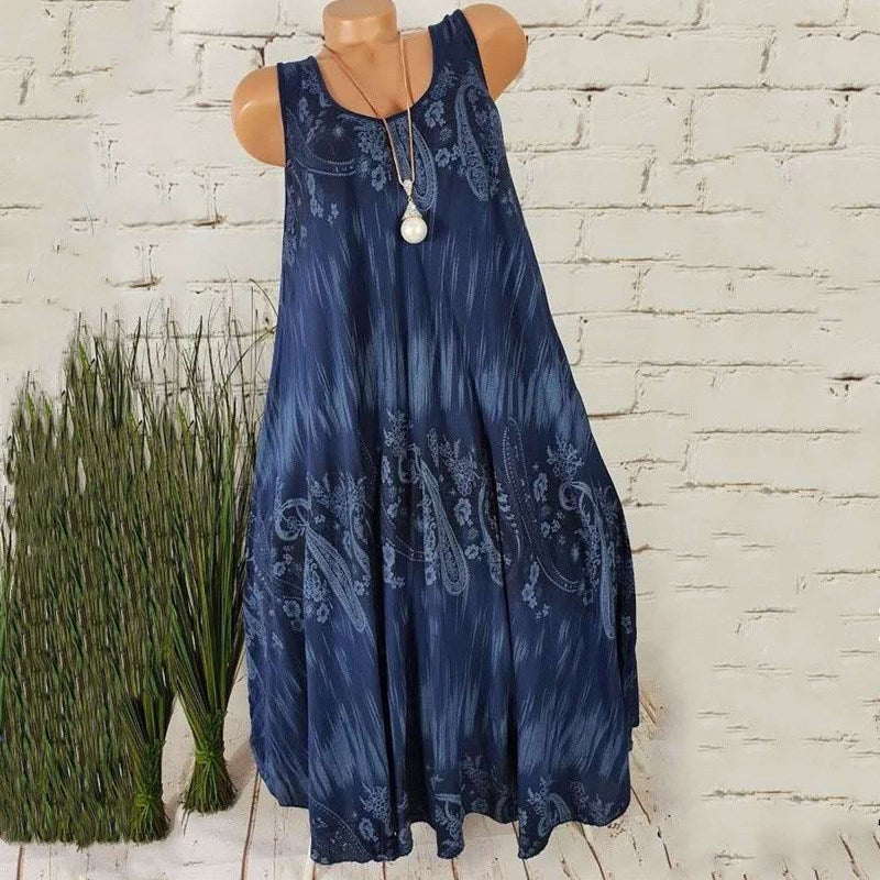 Damen-Sommerkleid mit Digitaldruck, ärmellos, Rundhalsausschnitt