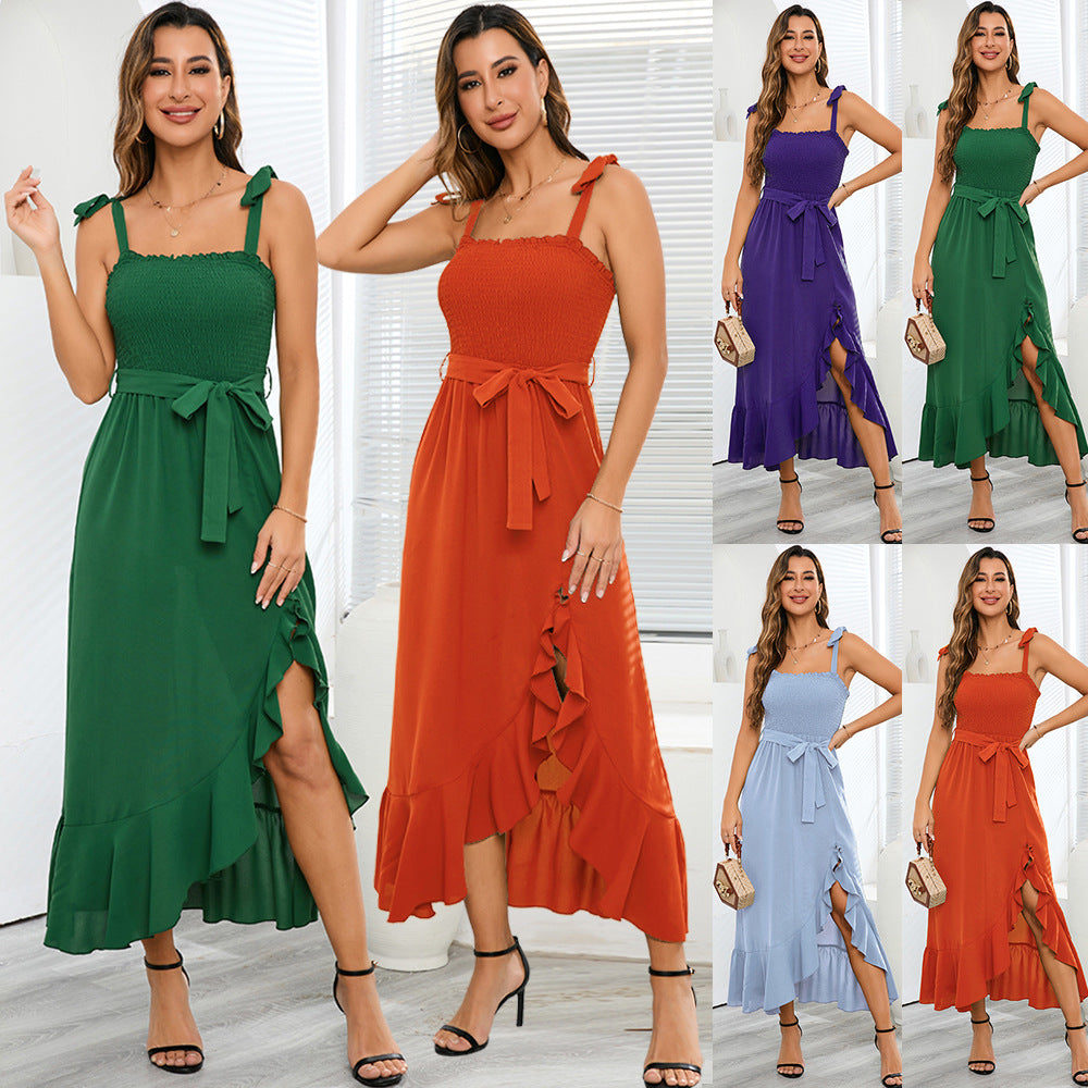 Women's Sexy Slimming Smocking Wrapped Chest Slit Dresses