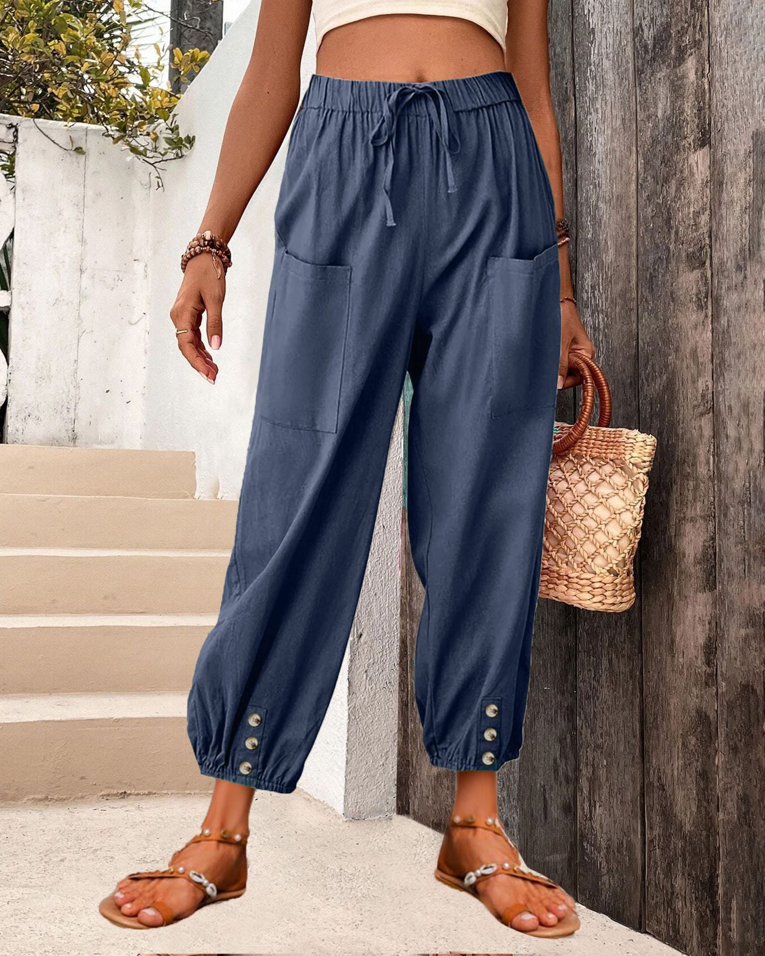 Women's Trendy Loose High Waist Button Linen Trousers Cropped Pants