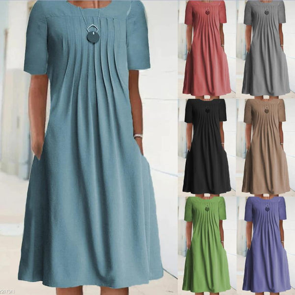 Robe mi-longue à manches courtes et col rond pour femme, couleur unie