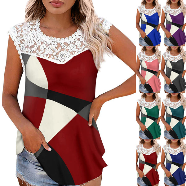 Women's Summer Round Neck Stitching Geometric Pattern Blouses