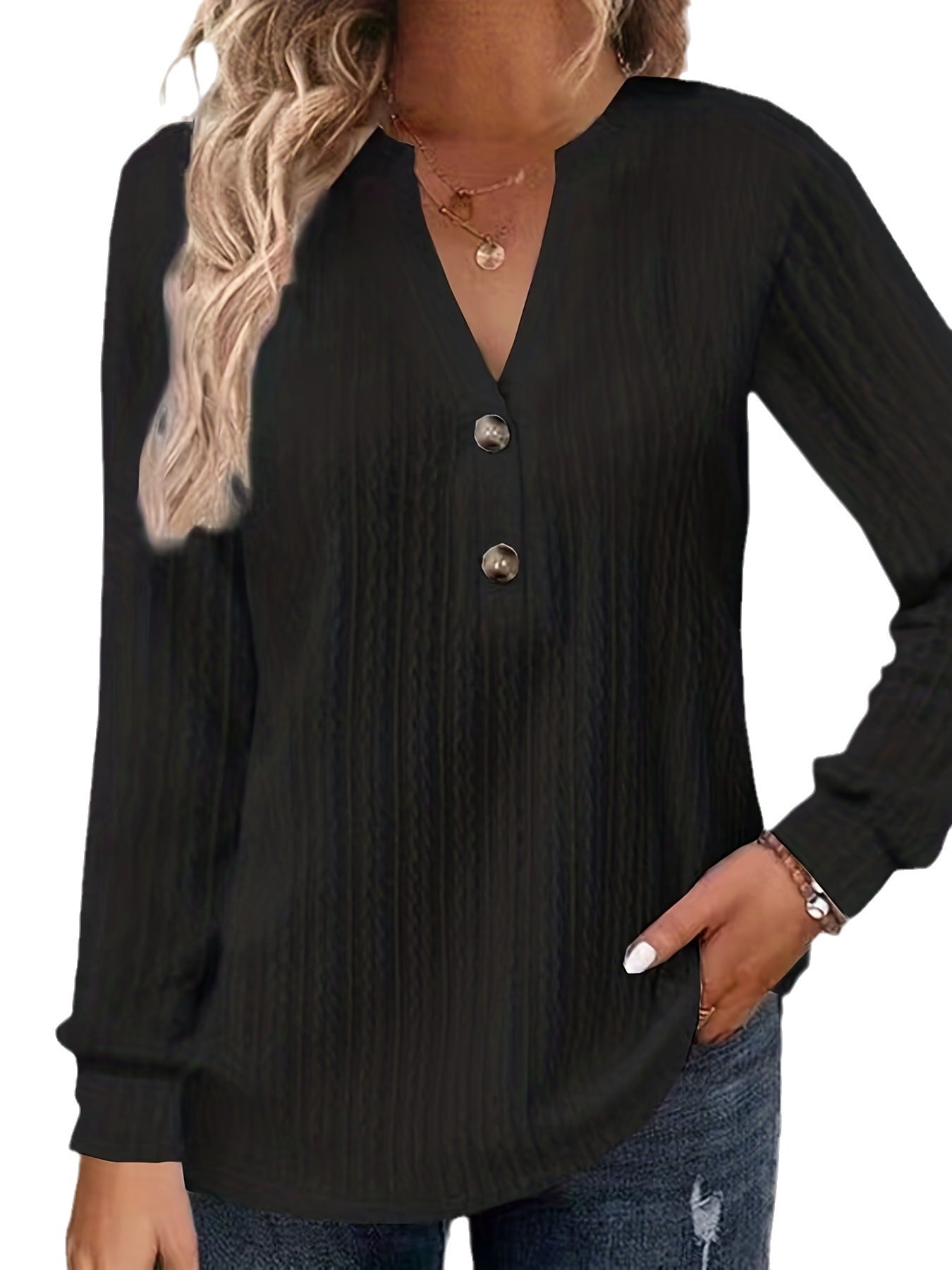 Women's Long Sleeve Solid Color And Button Blouses