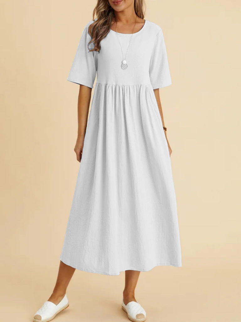 Women's Cotton Linen Pocket Half Sleeve Mid-length Dresses