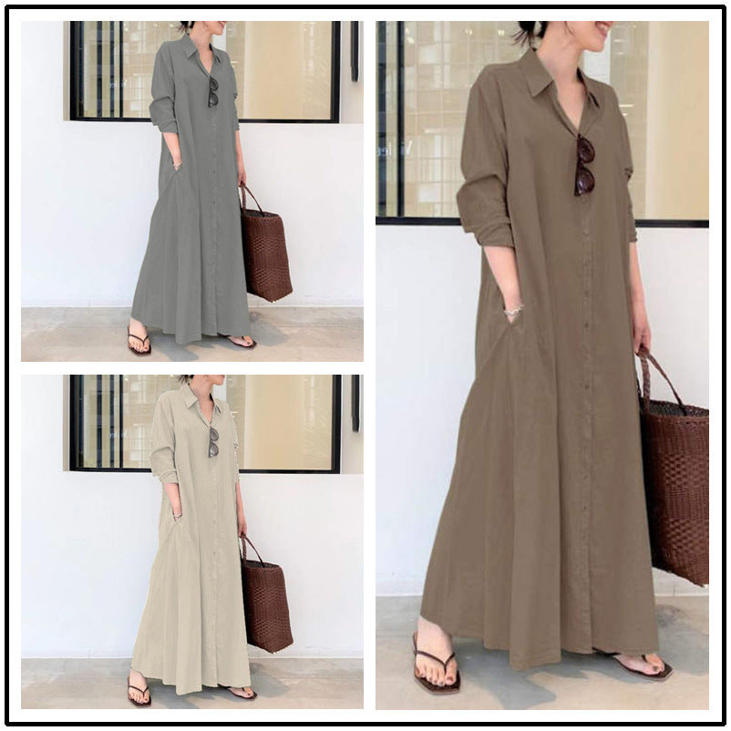 Women's Wear Solid Color Lapel Long Sleeve Pocket Simple Dresses