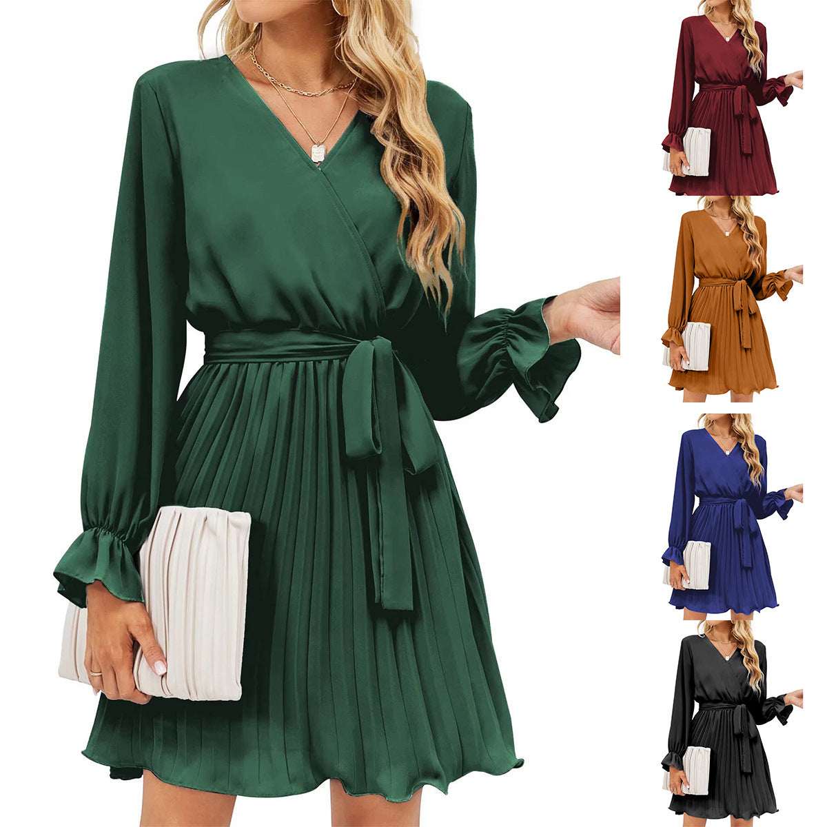 Women's Wrap V-neck Pleated Long Sleeve Mini Dresses