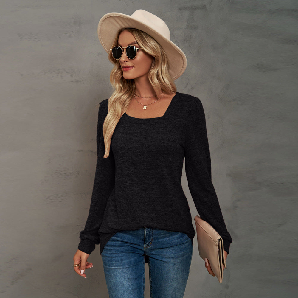 Color U-neck Pleated Long Sleeve Casual Blouses