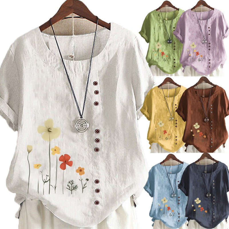 Women's Summer Cotton And Linen Printing Elegant Blouses