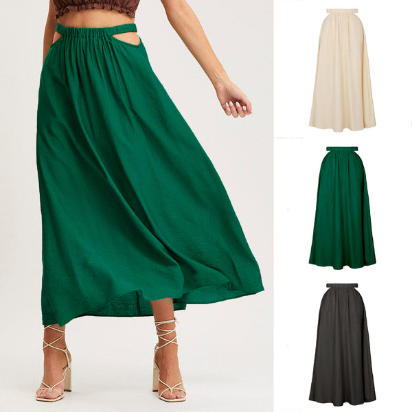 Women's High Waist Hollow-out Solid Long A- Skirts