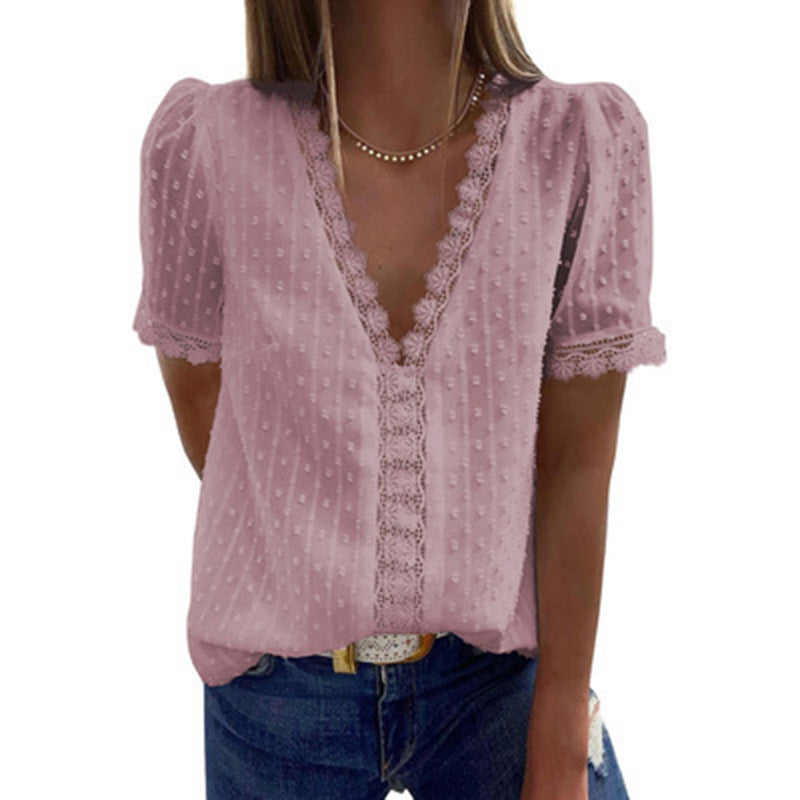 Deep V-neck Embroidered Ruffled Sleeves Front Blouses