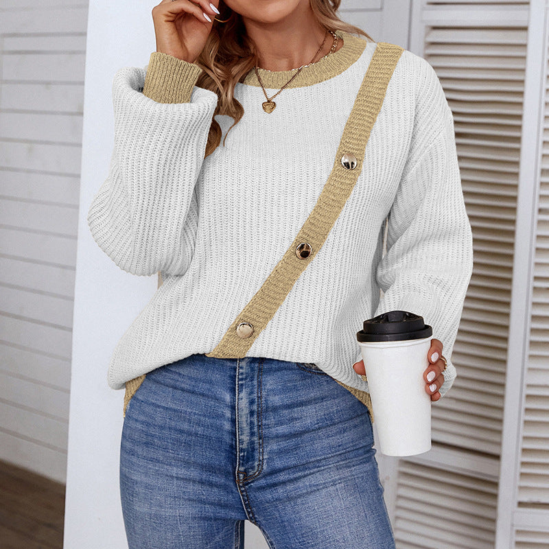 Women's Color Button Round Neck Lantern Sleeve Sweaters