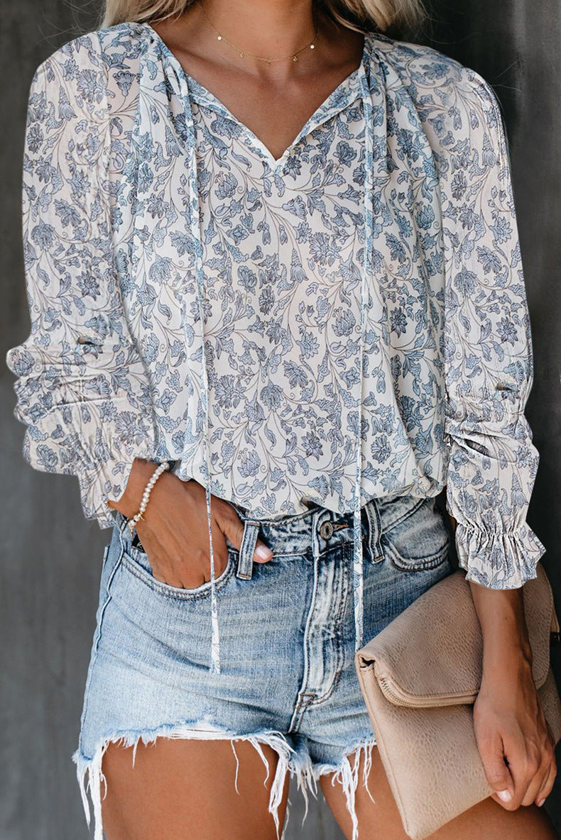 Chemise à imprimé floral pour femmes, chemisiers à manches longues et col en V