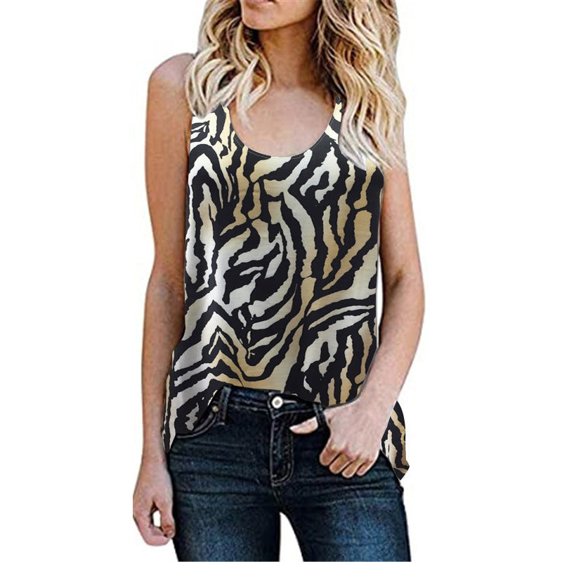 Women's Summer Casual Sleeveless Round Neck Leopard Print Floral Out Blouses