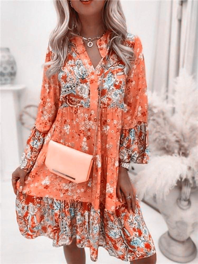 Summer Printed Loose Fashionable V-neck Pleated Dresses