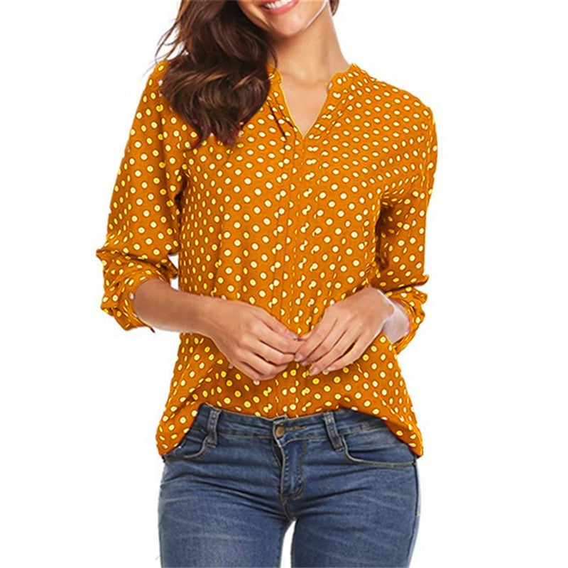 Women's Large Shirt Dotted Prints Long Sleeve Rolled Blouses