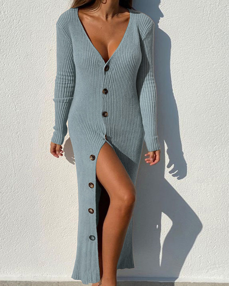 Unique Women's Knitted Button Long-sleeved Dress Dresses