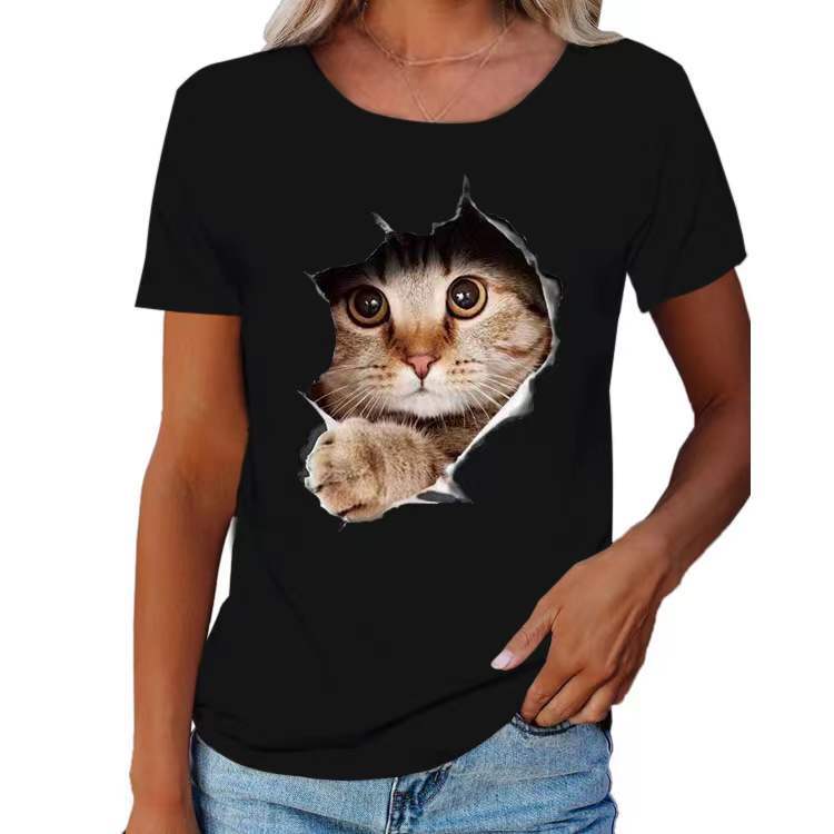 Women's Ripped Cat Round Neck Stylish Loose Blouses