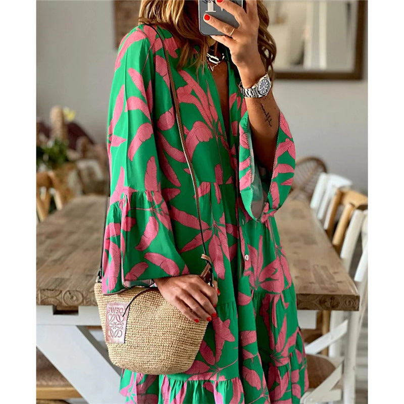 Women's Long Sleeve Printed Flare Mid-length Dress Dresses