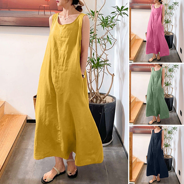 Women's Loose Pockets Round Neck Elegance Sleeveless Dresses