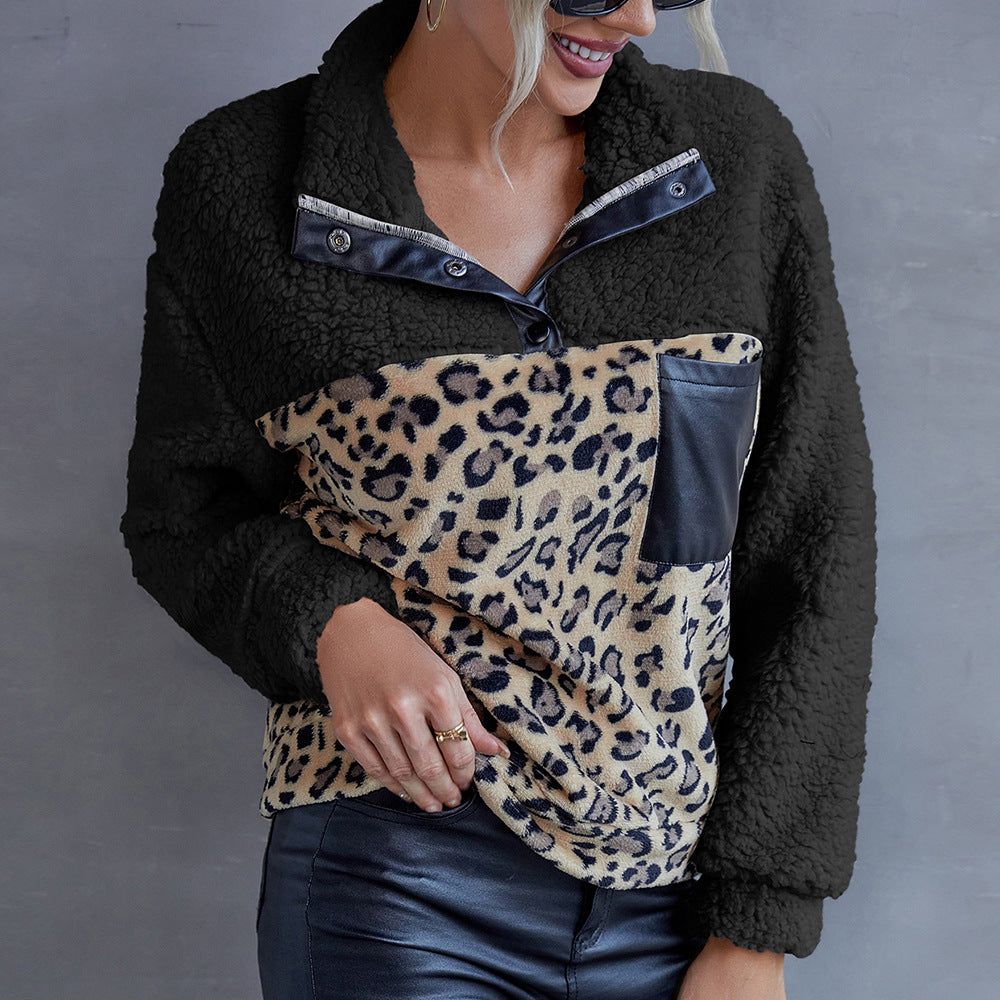 Women's Leopard Color Matching Casual Lamb Fur Sweaters