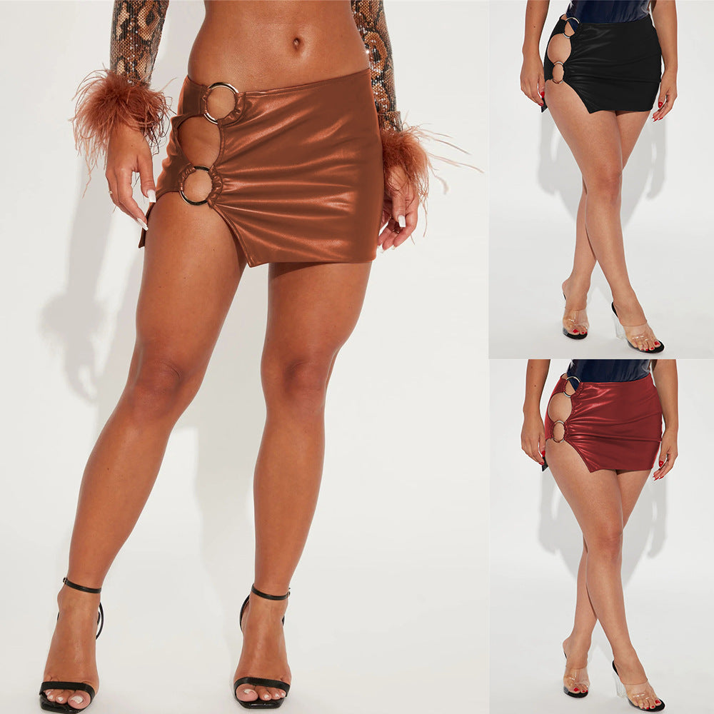 Women's Hip Metal Ring Sexy Miniskirt Slit Skirts