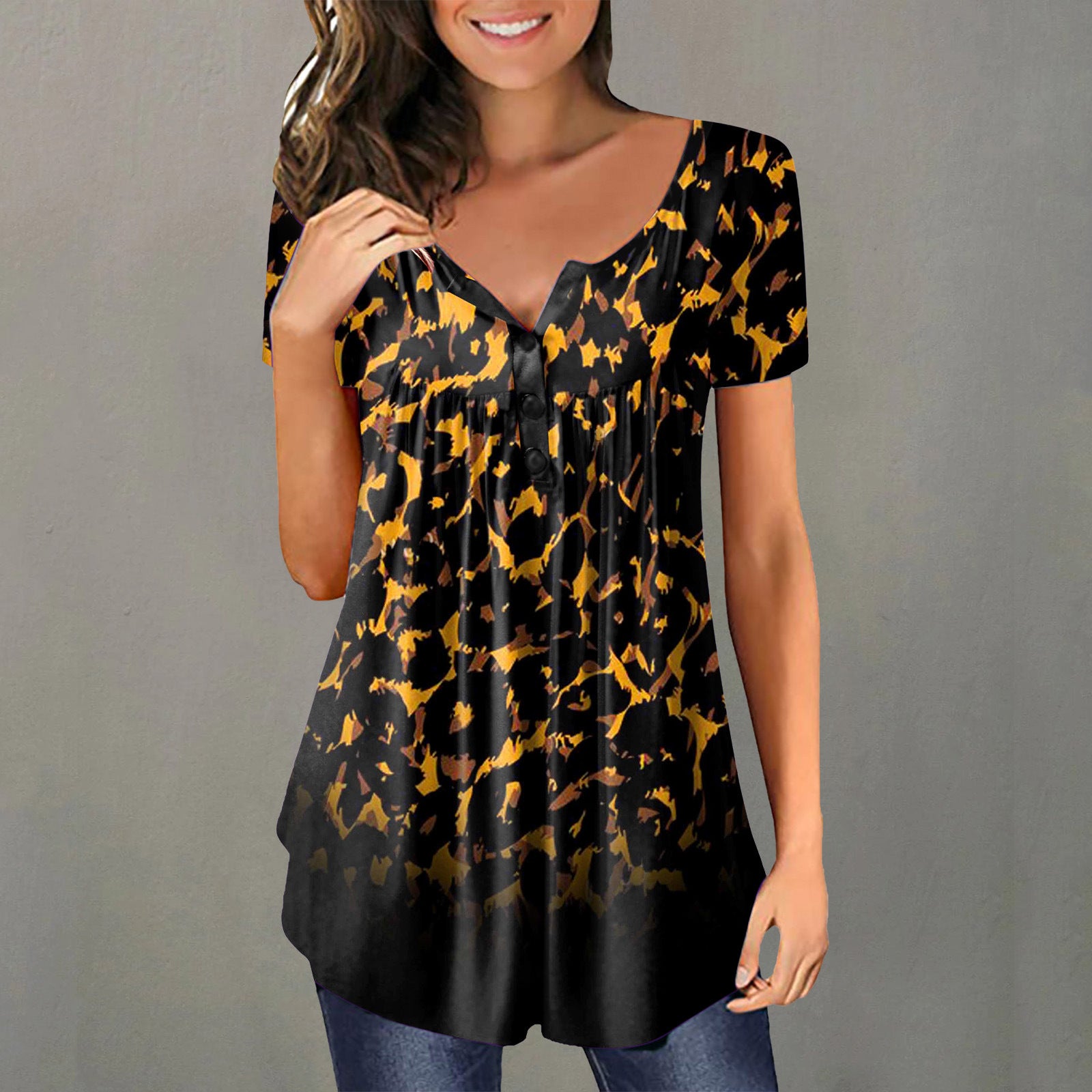 Women's Sleeve Printed Pleating Button Loose V-neck Blouses