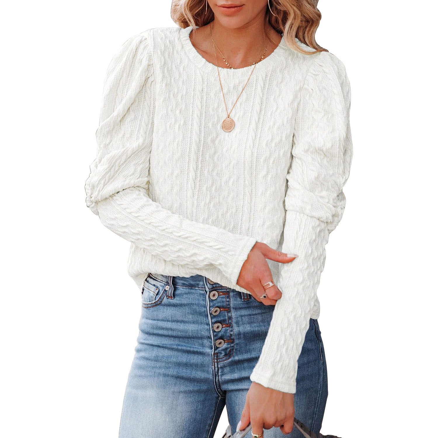 Women's Solid Color Jacquard Round Neck Gigot Sweaters