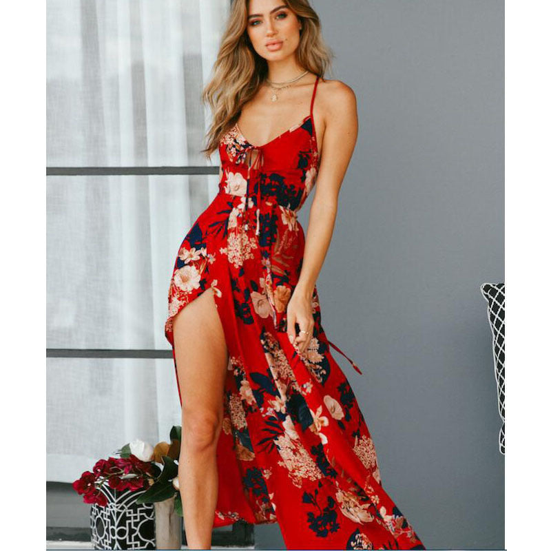 Printed Bohemian Beach High Waist Backless Dresses