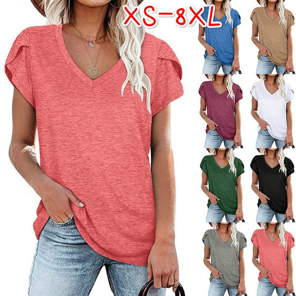 Women's Solid Color V-neck Sleeve T-shirt Blouses