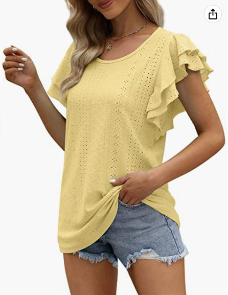 Women's Double-layer Ruffled Hollow-out Long Short-sleeved Blouses