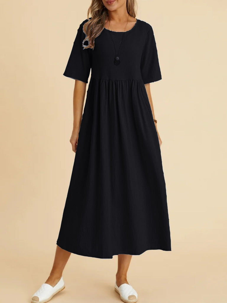 Women's Cotton Linen Pocket Half Sleeve Mid-length Dresses